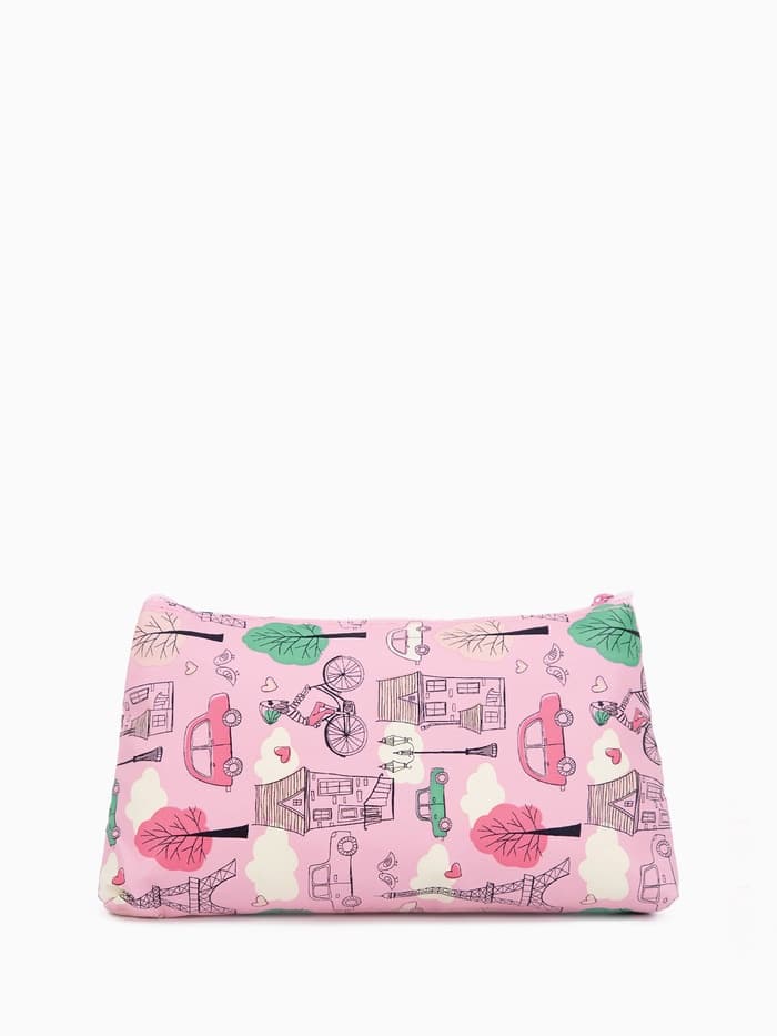 Косметичка - пенал Париж, маленькая, на молнии, плоская, с рисунком, розовая