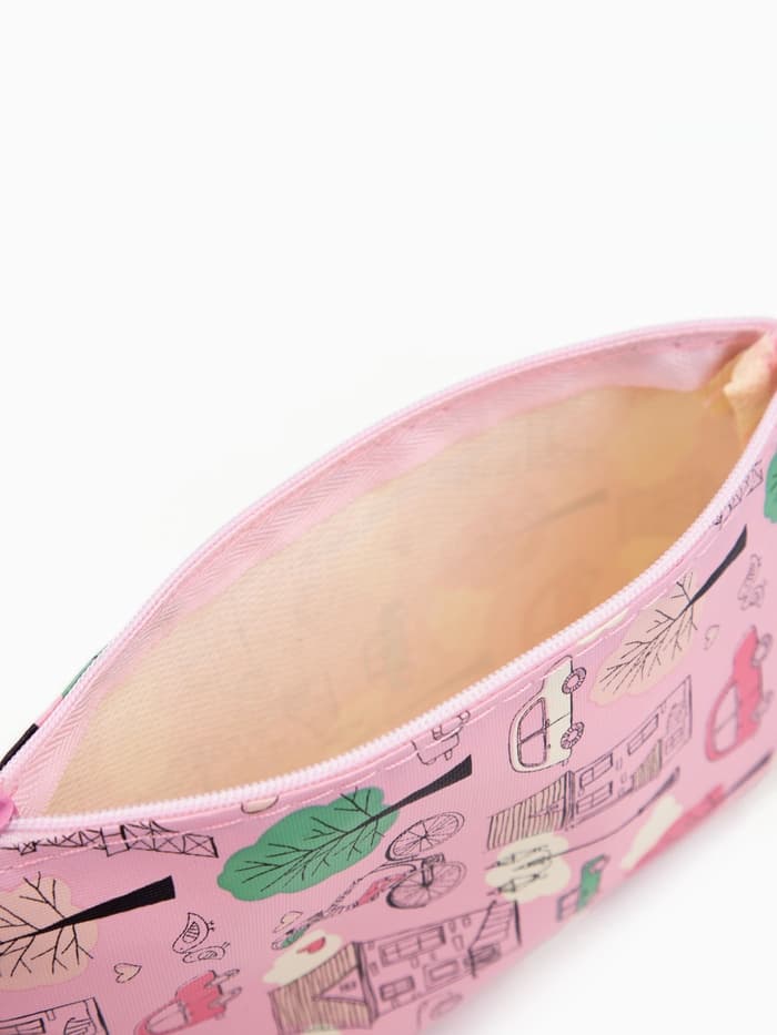 Косметичка - пенал Париж, маленькая, на молнии, плоская, с рисунком, розовая