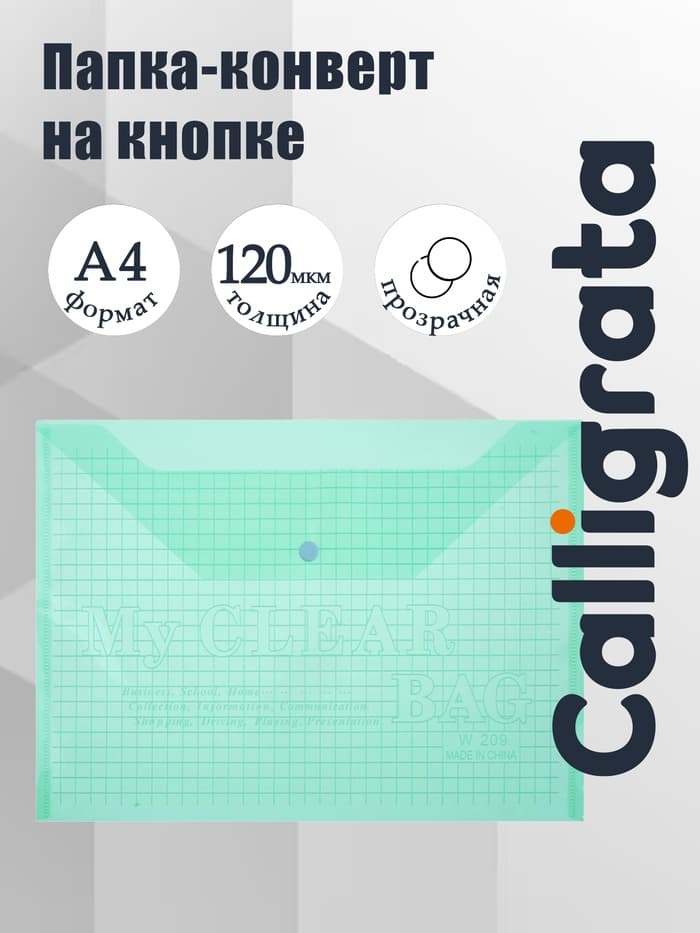 Папка-конверт на кнопке, А4, 120 мкм, Calligrata «Клетка», прозрачный, зелёный