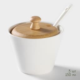 Банки для сыпучих BellaTenero, 150 мл, с ложками, на бамбуковой подставке, фарфор, белые