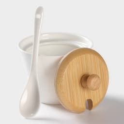 Банки для сыпучих BellaTenero, 150 мл, с ложками, на бамбуковой подставке, фарфор, белые