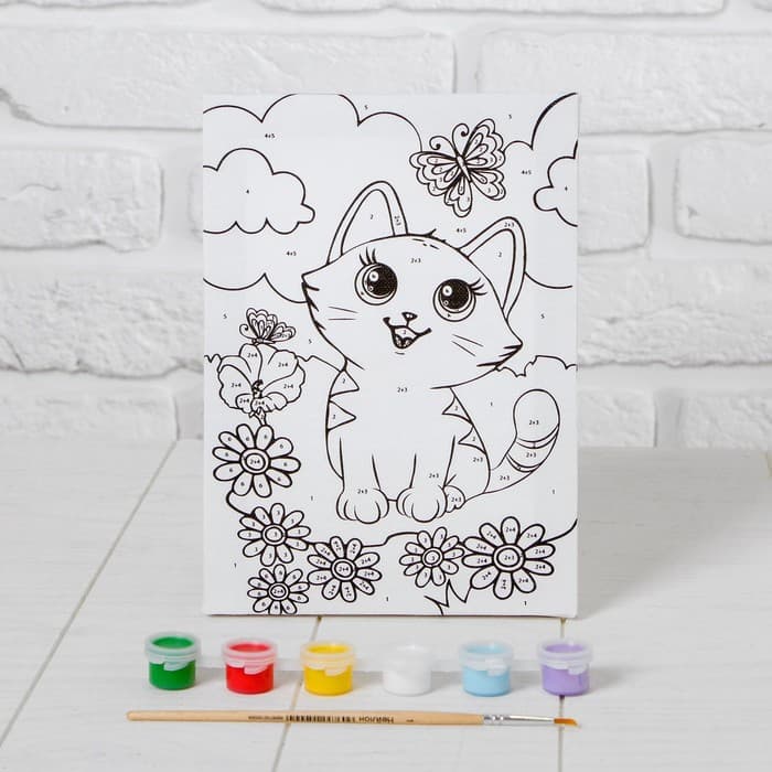 Картина по номерам для детей «Котёнок с бабочкой», 21×15 см