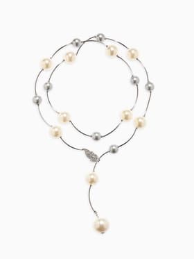 Колье «Флёр», шарики, бело-серое в серебре, длина регулируемая, №12, бусины №16, №20, 40-87 см