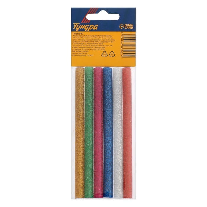 Клеевые стержни ТУНДРА, 7×100 мм, разноцветные с блестками, 6 шт.