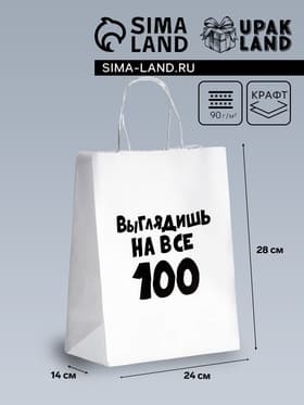 Пакет подарочный с приколами «Выглядишь на все 100», 24×14×28 см