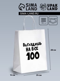 Пакет подарочный с приколами «Выглядишь на все 100», 24×14×28 см