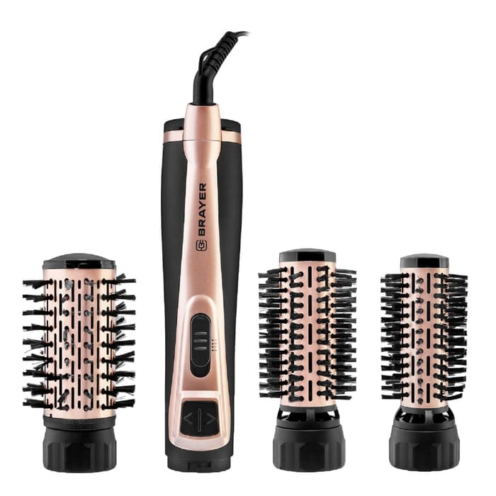 Фен-щётка BRAYER 3100BR, 1000 Вт, 3 насадки, 2 скорости, шнур 1.8 м, чёрно-золотистая