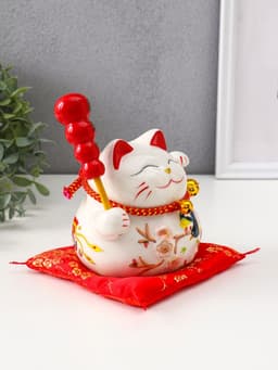 Копилка для денег «Кот манэки-нэко на коврике с колокольчиками», керамика, 12.5×13×10.5 см