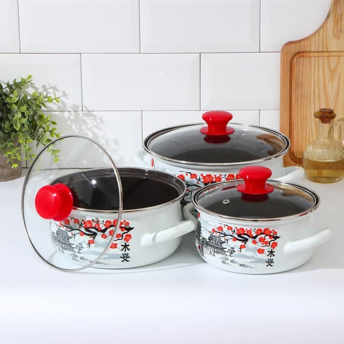 Набор эмалированных кастрюль «Ветка сакуры», 3 предмета: 1.5 л, 2 л, 3 л, индукция