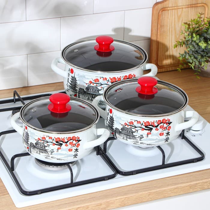 Набор эмалированных кастрюль «Ветка сакуры», 3 предмета: 1.5 л, 2 л, 3 л, индукция