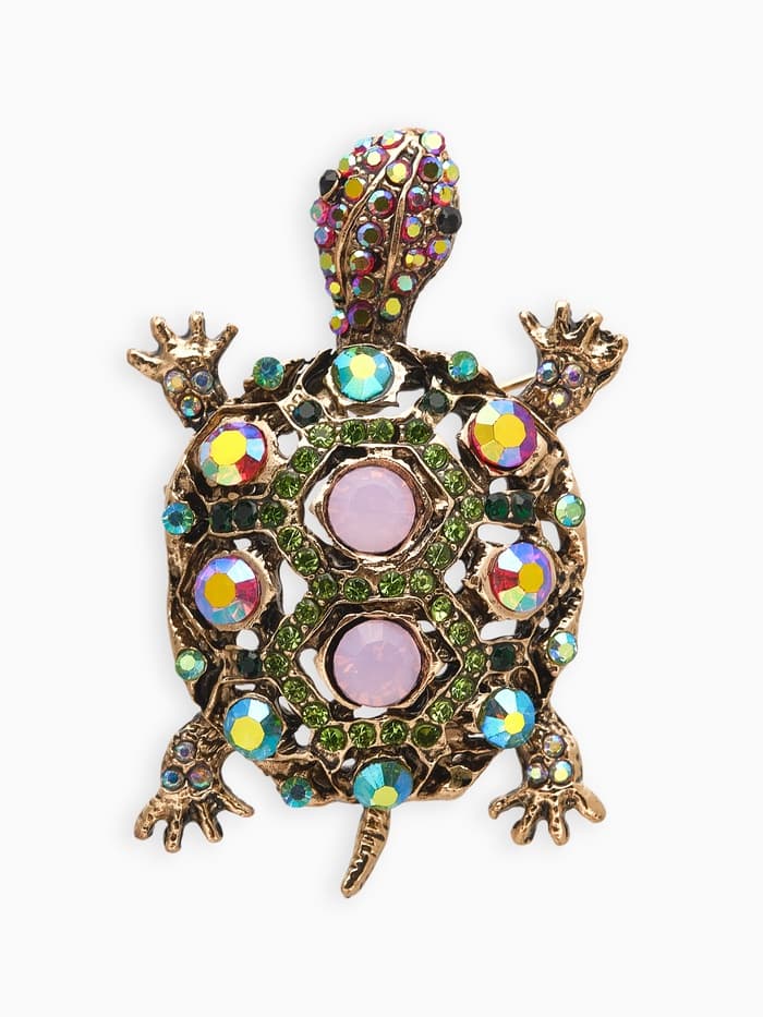 Брошь «Черепашка», в крупных стразах, разноцветная в чернёном золоте