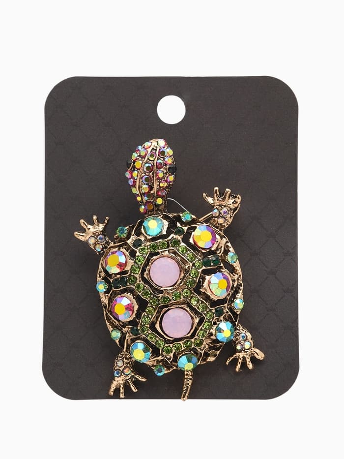 Брошь «Черепашка», в крупных стразах, разноцветная в чернёном золоте