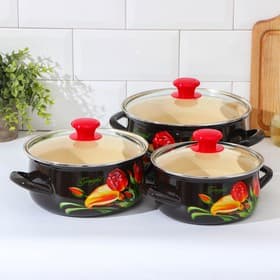 Набор эмалированных кастрюль «Грациозный», 3 шт.: 1.5 л, 2 л, 3 л, индукция, чёрный