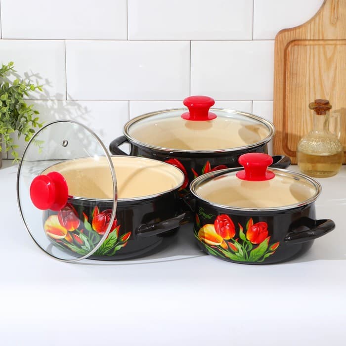 Набор эмалированных кастрюль «Грациозный», 3 шт.: 1.5 л, 2 л, 3 л, индукция, чёрный