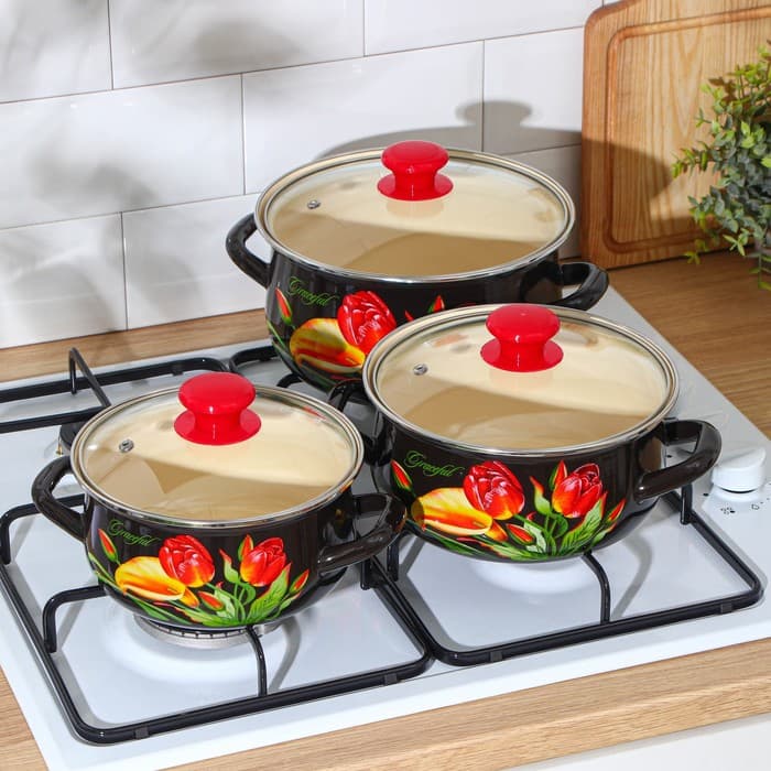 Набор эмалированных кастрюль «Грациозный», 3 шт.: 1.5 л, 2 л, 3 л, индукция, чёрный