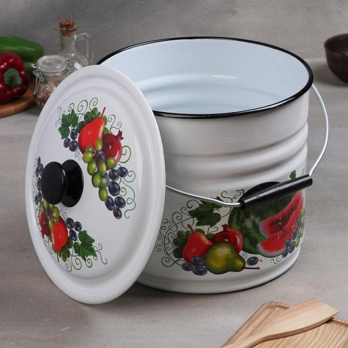 Ведро эмалированное, 10 л, с крышкой, деколь МИКС, белое