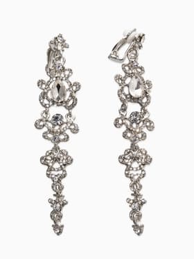 Серьги клипсы для ушей висячие со стразами QF «Ажур», белые в серебре