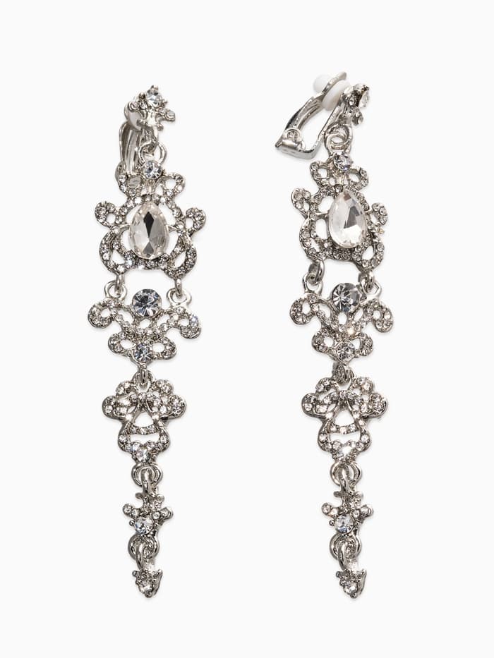 Серьги клипсы для ушей висячие со стразами QF «Ажур», белые в серебре