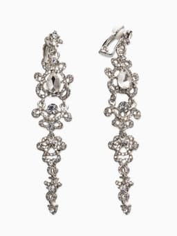 Серьги клипсы для ушей висячие со стразами QF «Ажур», белые в серебре