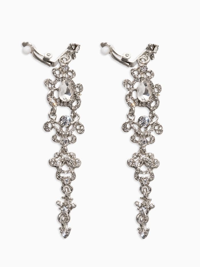 Серьги клипсы для ушей висячие со стразами QF «Ажур», белые в серебре