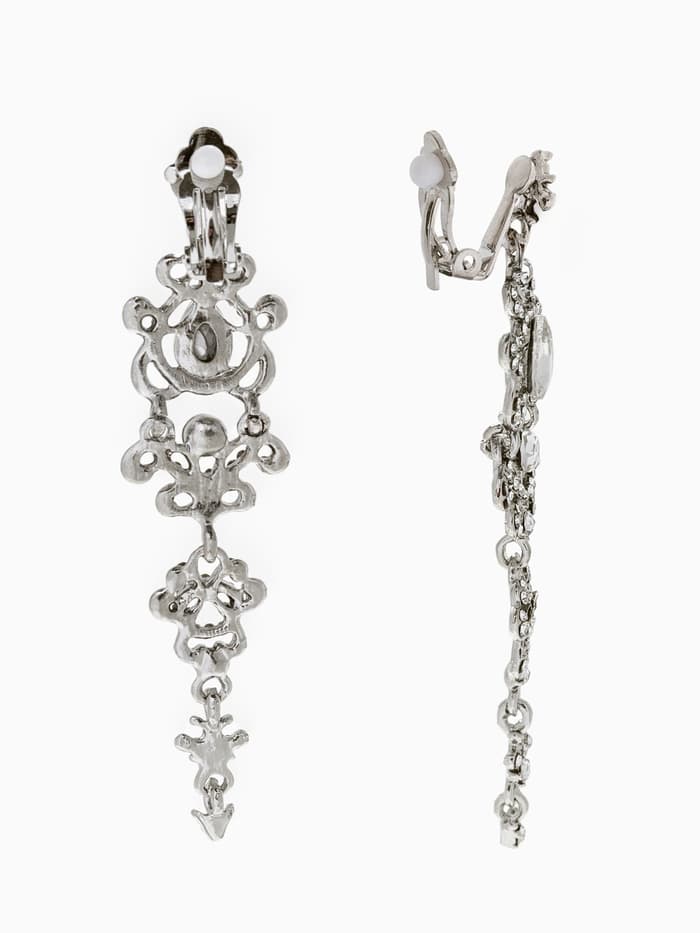 Серьги клипсы для ушей висячие со стразами QF «Ажур», белые в серебре