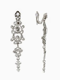 Серьги клипсы для ушей висячие со стразами QF «Ажур», белые в серебре