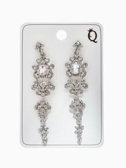 Серьги клипсы для ушей висячие со стразами QF «Ажур», белые в серебре