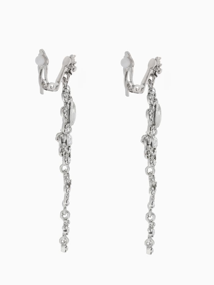 Серьги клипсы для ушей висячие со стразами QF «Ажур», белые в серебре