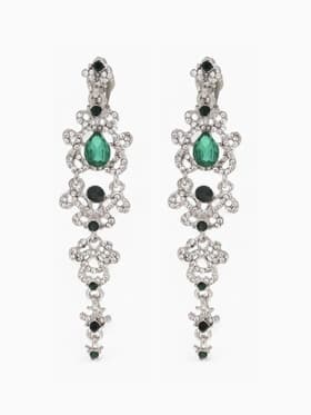 Серьги клипсы для ушей висячие со стразами QF «Ажур», цвет бело-изумрудный в серебре