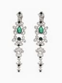 Серьги клипсы для ушей висячие со стразами QF «Ажур», цвет бело-изумрудный в серебре