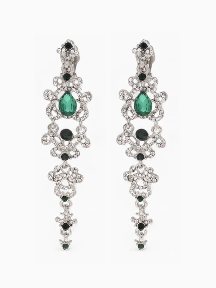 Серьги клипсы для ушей висячие со стразами QF «Ажур», цвет бело-изумрудный в серебре