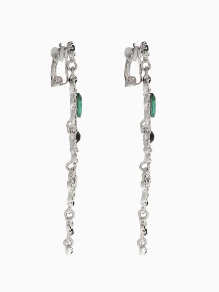 Серьги клипсы для ушей висячие со стразами QF «Ажур», цвет бело-изумрудный в серебре