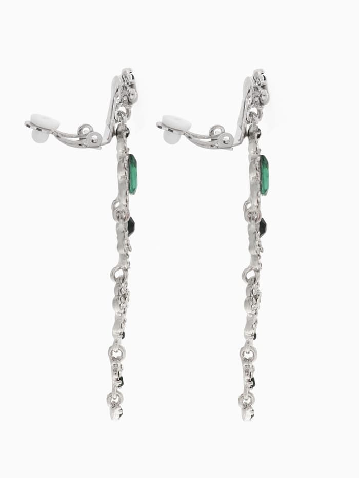 Серьги клипсы для ушей висячие со стразами QF «Ажур», цвет бело-изумрудный в серебре