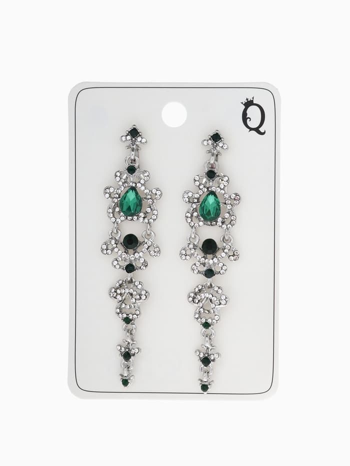 Серьги клипсы для ушей висячие со стразами QF «Ажур», цвет бело-изумрудный в серебре