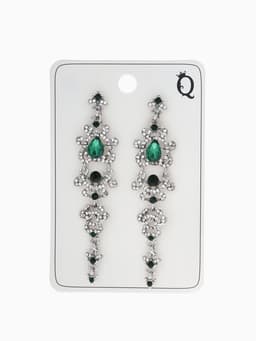 Серьги клипсы для ушей висячие со стразами QF «Ажур», цвет бело-изумрудный в серебре