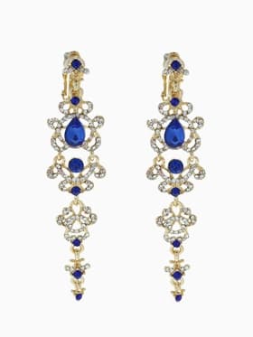 Клипсы для ушей висячие со стразами QF «Ажур», капли с завитками, бело-синяя в золоте