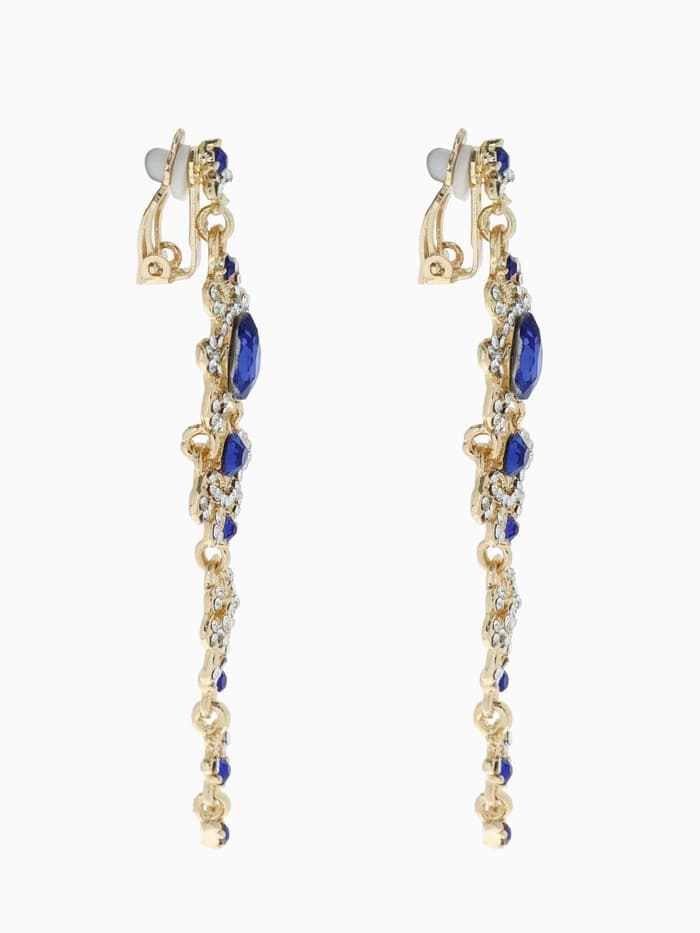 Клипсы для ушей висячие со стразами QF «Ажур», капли с завитками, бело-синяя в золоте