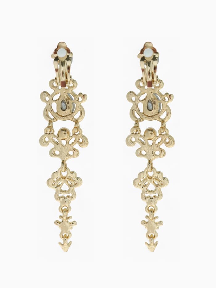 Клипсы для ушей висячие со стразами QF «Ажур», капли с завитками, бело-синяя в золоте