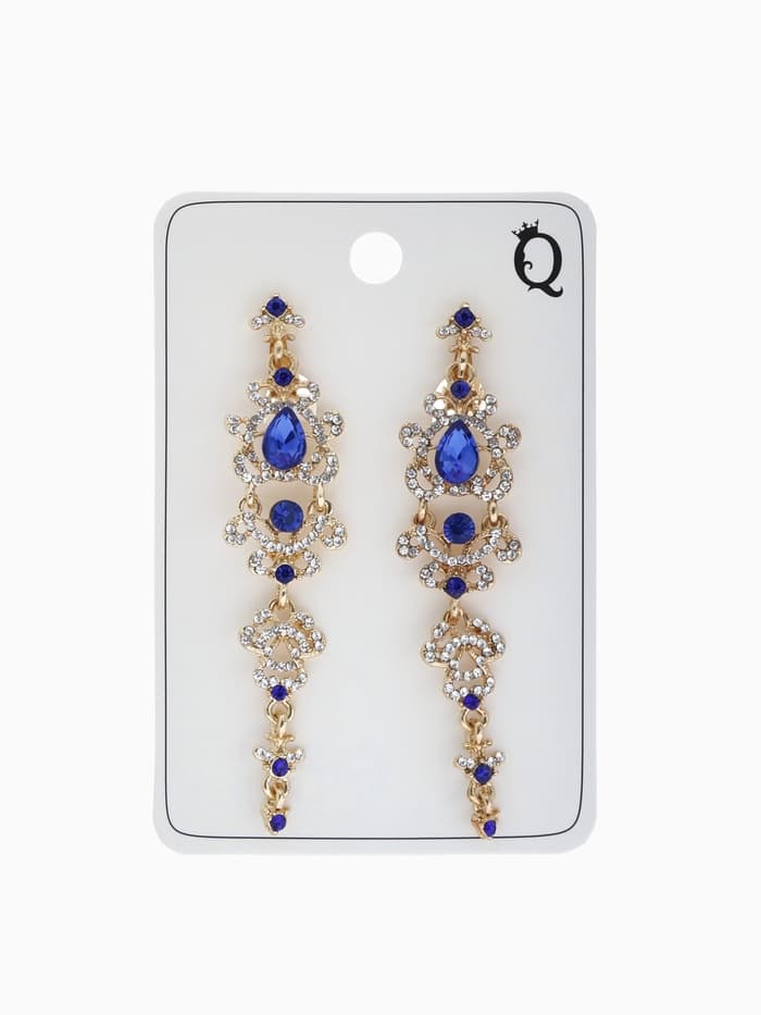 Клипсы для ушей висячие со стразами QF «Ажур», капли с завитками, бело-синяя в золоте