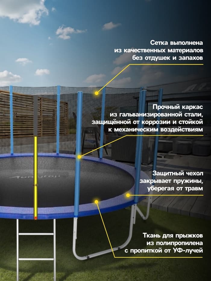 Батут ONLYTOP, d=427 см, высота сетки 173 см, с лестницей, цвет синий
