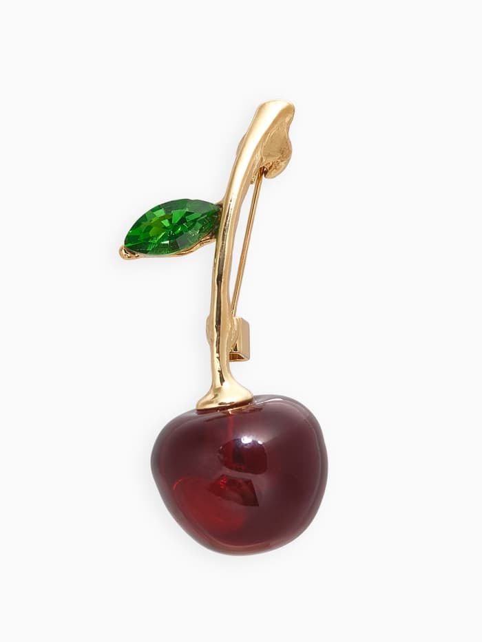 Брошь «Вишенка», бордово-зелёная в золоте