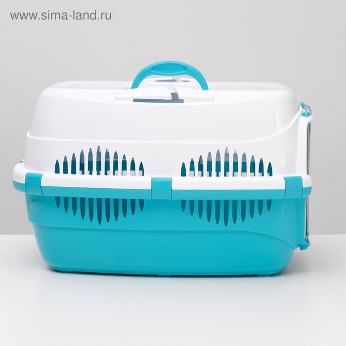 Переноска для животных до 12 кг «Пижон», 49×33×32 см, металлическая дверь, пластик, белая, бирюзовая