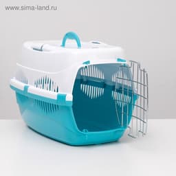 Переноска для животных до 12 кг «Пижон», 49×33×32 см, металлическая дверь, пластик, белая, бирюзовая