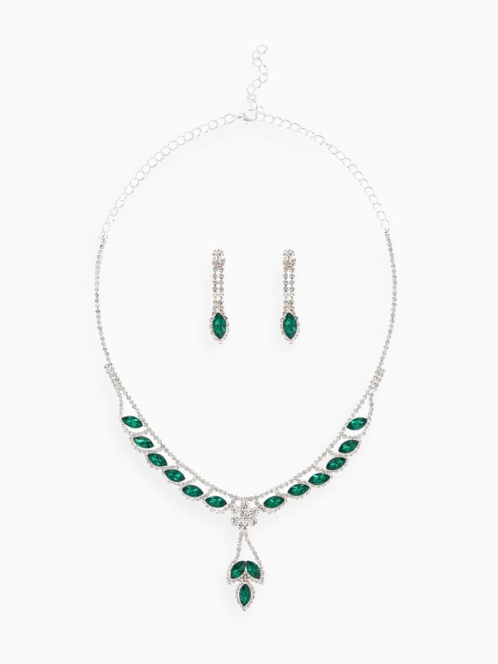Набор 2 предмета: серьги, колье «Листопад», ромб, изумрудно-белый в серебре, 45 см