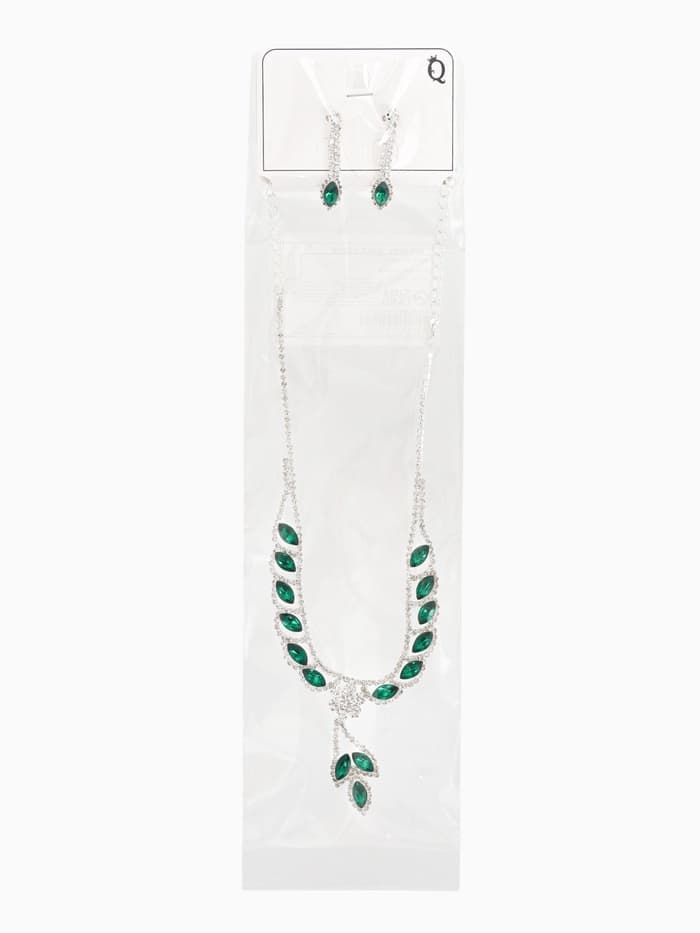 Набор 2 предмета: серьги, колье «Листопад», ромб, изумрудно-белый в серебре, 45 см