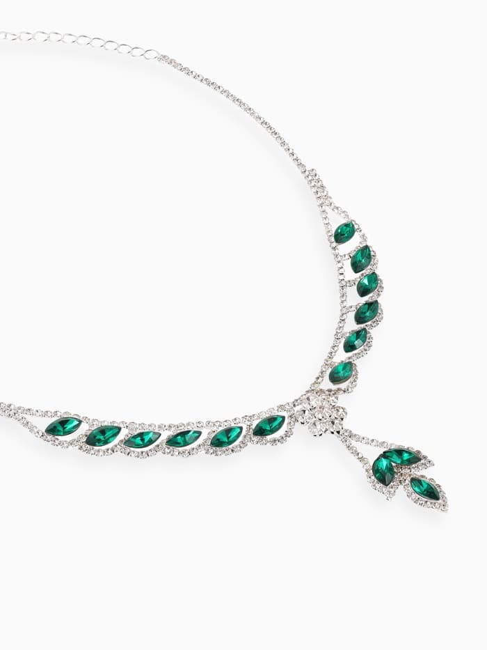 Набор 2 предмета: серьги, колье «Листопад», ромб, изумрудно-белый в серебре, 45 см