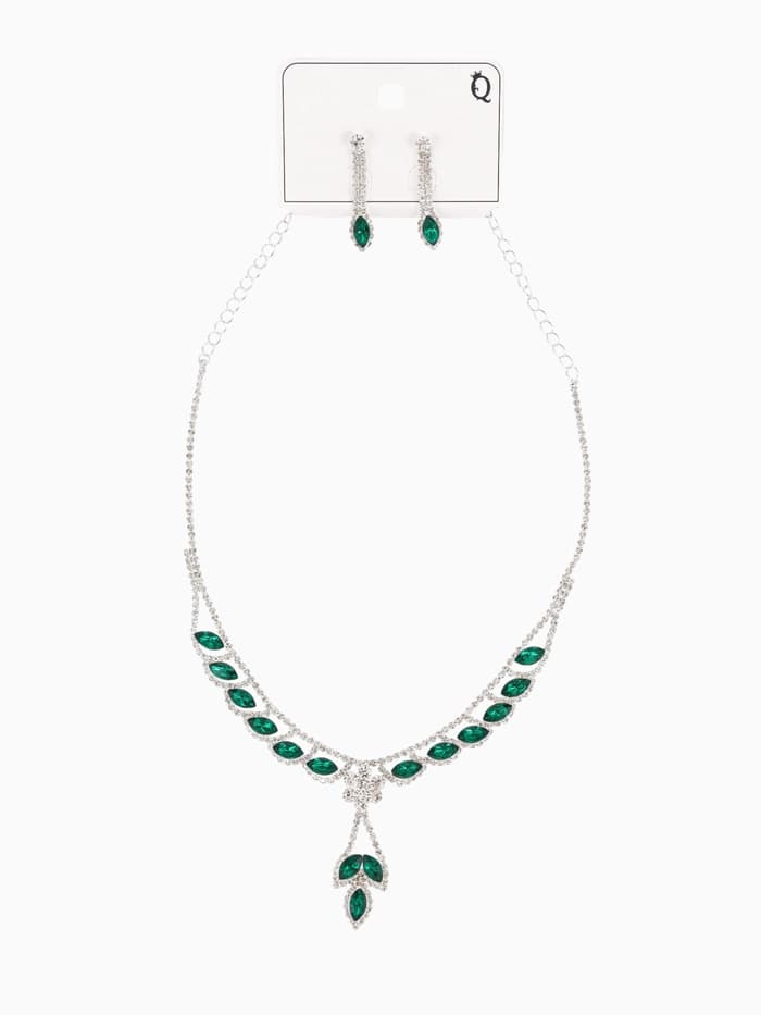 Набор 2 предмета: серьги, колье «Листопад», ромб, изумрудно-белый в серебре, 45 см