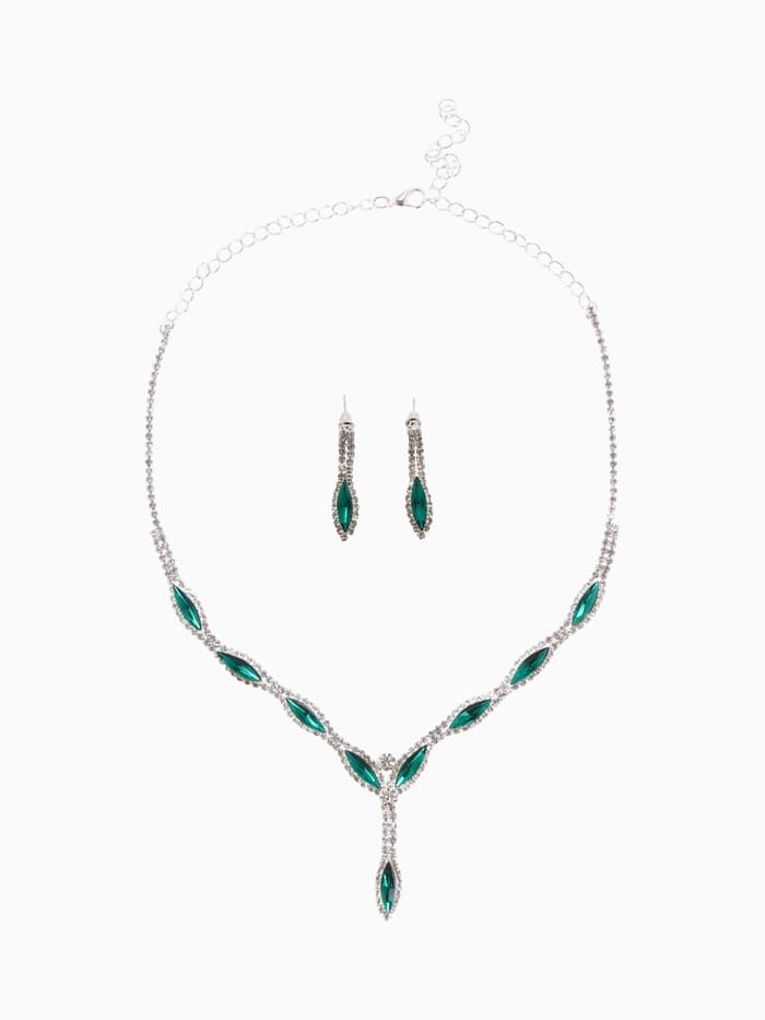 Набор 2 предмета: серьги, колье «Листопад», тонкий ромб, зелёно-белый в серебре, 45 см
