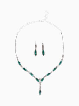 Набор 2 предмета: серьги, колье «Листопад», тонкий ромб, зелёно-белый в серебре, 45 см