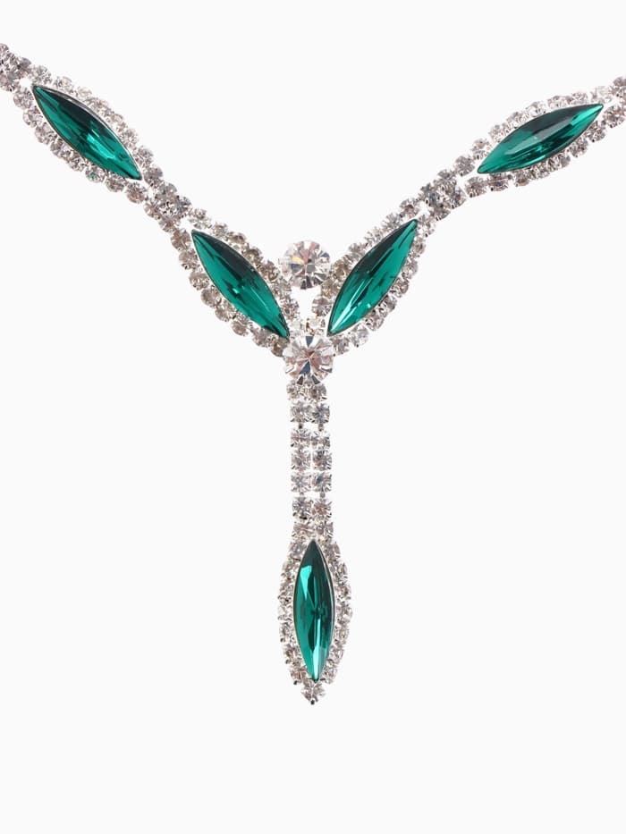 Набор 2 предмета: серьги, колье «Листопад», тонкий ромб, зелёно-белый в серебре, 45 см